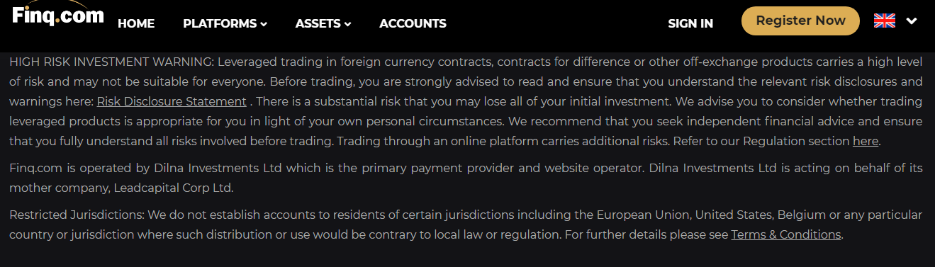 The licensing and legal status of Finq.com review